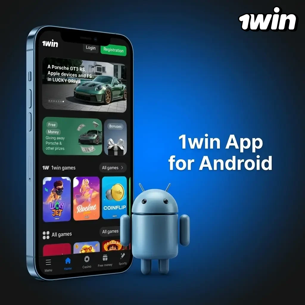 1win Android app interface showing sports betting and casino features on a mobile device