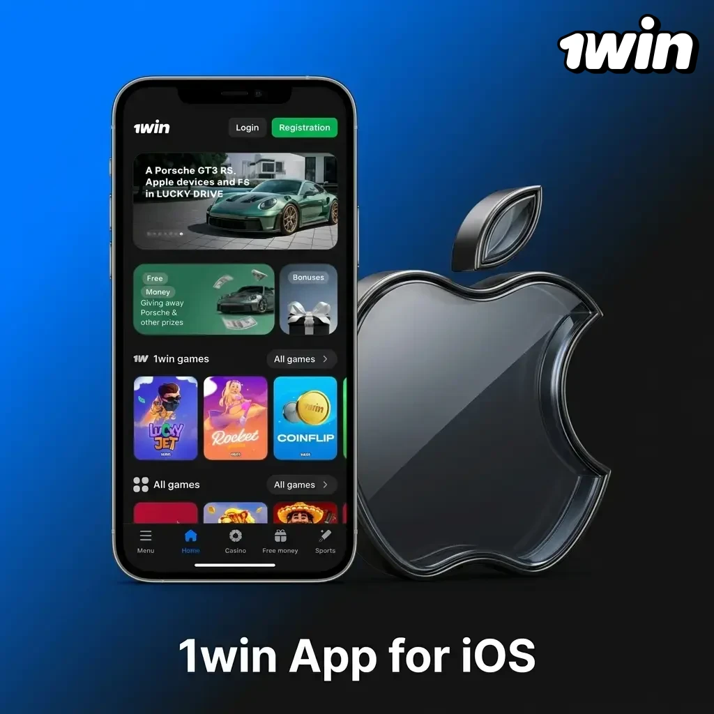 1win iOS app interface on iPhone and iPad showing sports betting, casino games, live dealer, and payment options