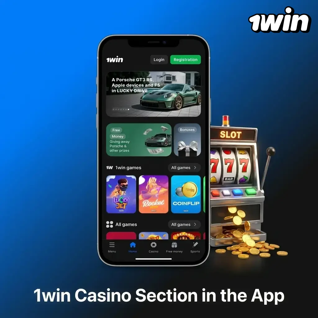 1win casino app interface showing slots, live casino, table games, and crash games in a mobile-friendly layout