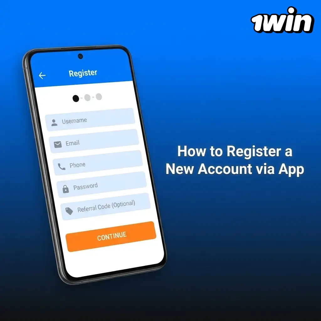 1win app registration screen showing step-by-step account sign-up process with phone, email, and social media options