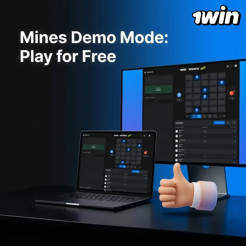1win Mines demo mode gameplay with free virtual credits, full grid, mine settings, and multiplier mechanics