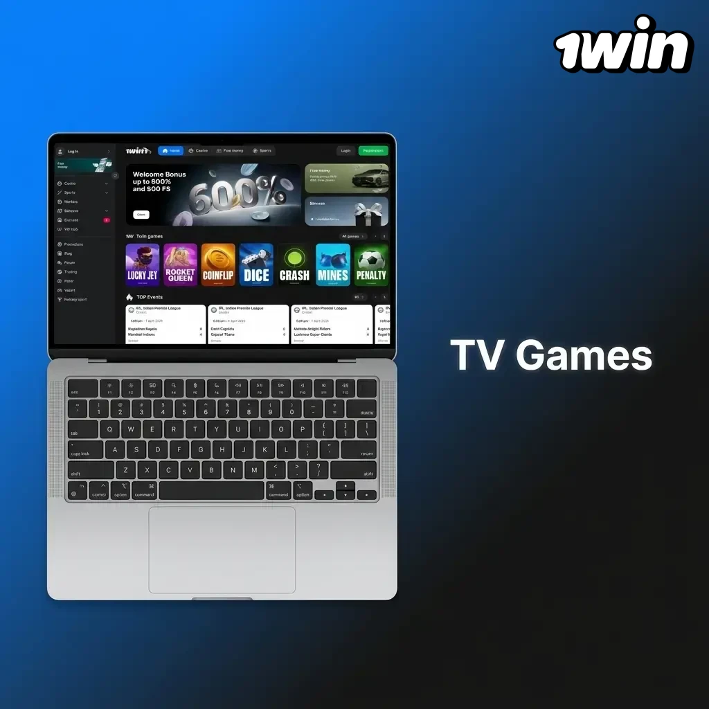 1win Africa TV Games section showing live presenter-hosted formats including wheel, lottery, card, dice, and number draw games