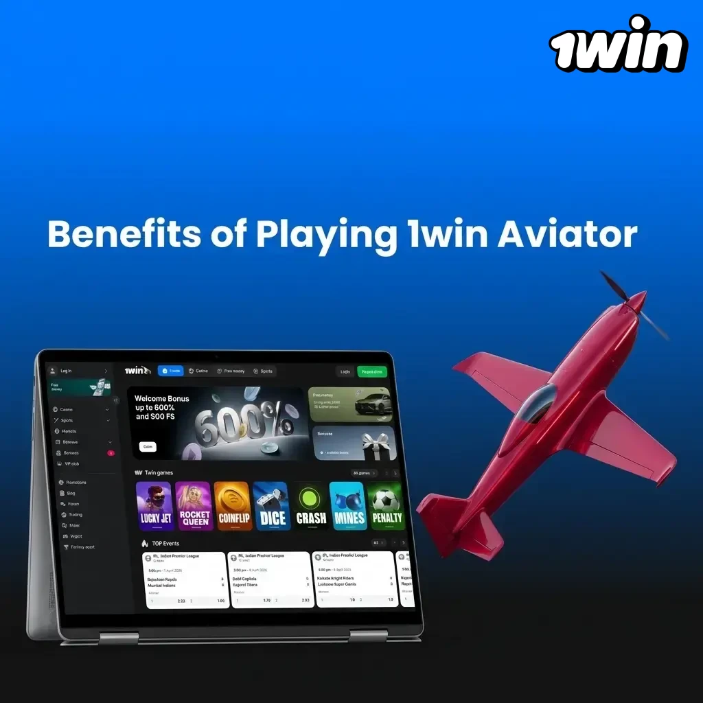 1win Aviator benefits including 97% RTP, 600% welcome bonus, mobile app access, demo mode, and fair gameplay