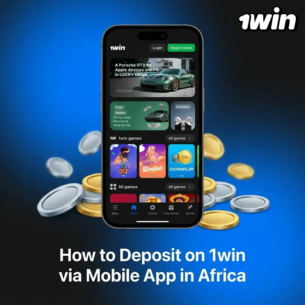 1win mobile app deposit guide for Africa showing cashier navigation steps on smartphone screen