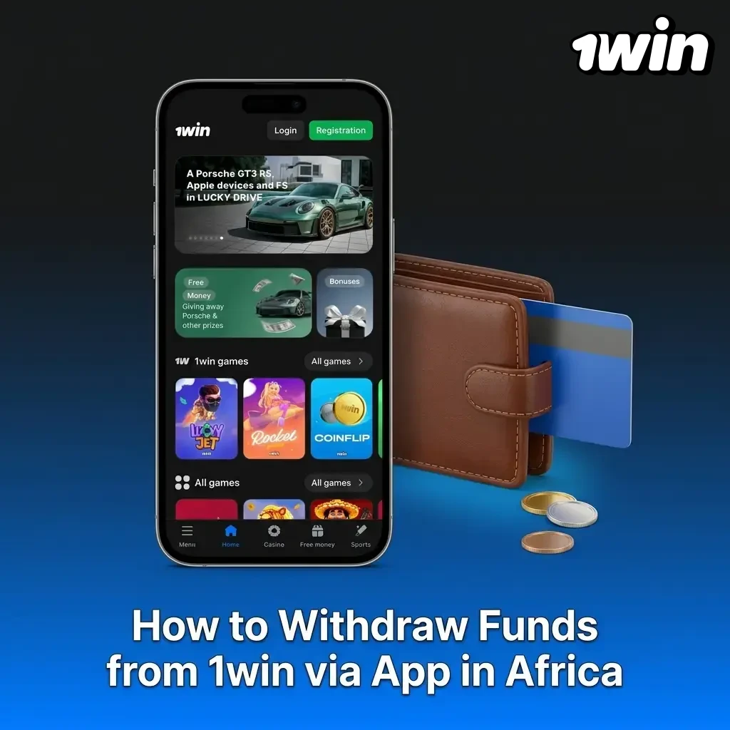 1win app withdrawal process on Android or iOS showing cashier menu, payout method selection, and confirmation screen